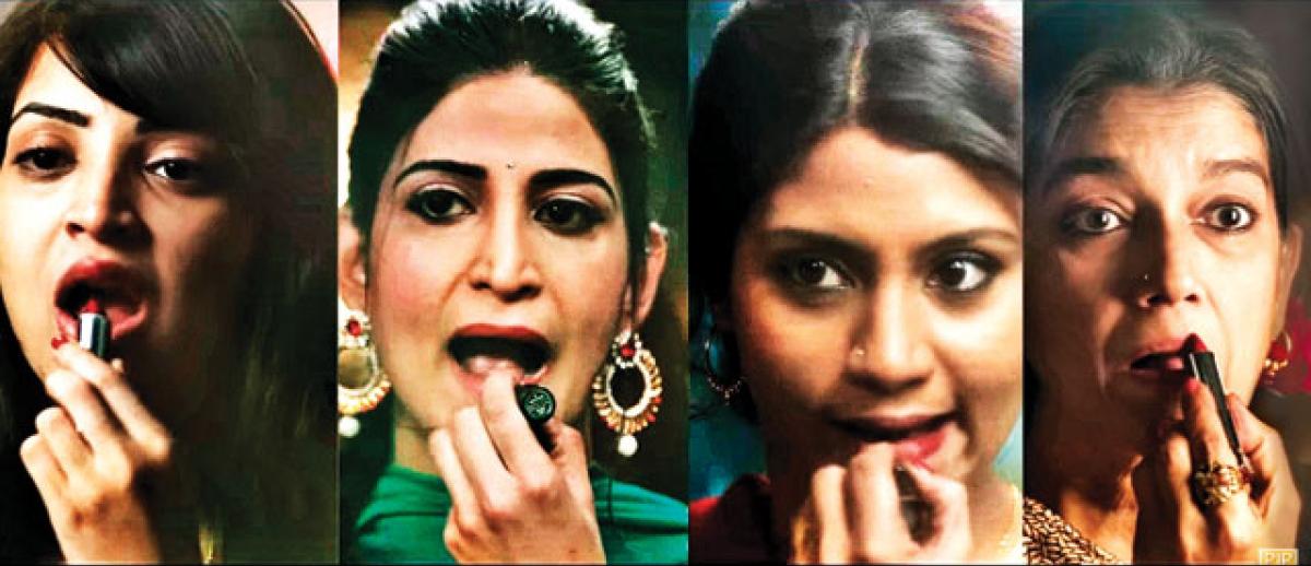 A split screen still from the Indian film 'Lipstick Under My Burkha' shows four protagonist characters applying lipstick