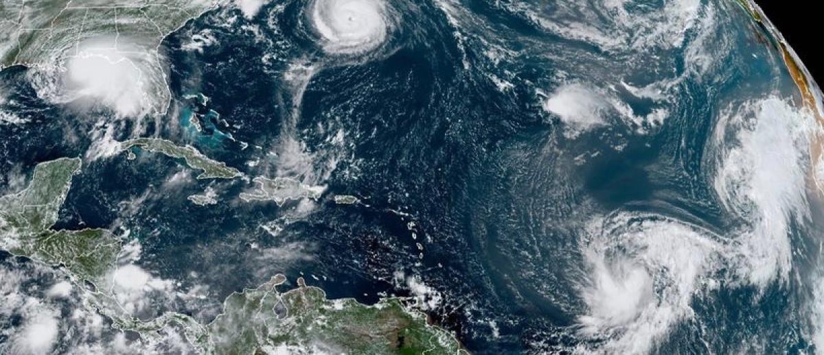 NOAA satellite image of five simultaneous active tropical cyclones in the Atlantic basin on September 14, 2020.