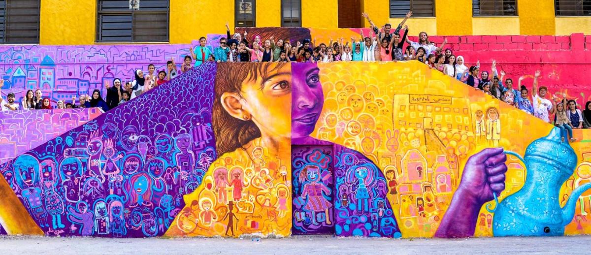 mural by Joel Artista -- Syrian and Jordanian girls in Amman, Jordan, 2017