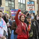 People from trans rights groups and community organizations take part in a rally following the Supreme Court ruling on the definition of a woman in equalities law.   © 2025 Lesley Martin/AP Images