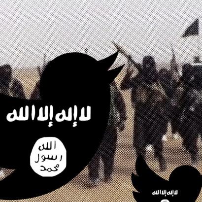 ISIS militants in video grab with slogan superimposed over Twitter 'tweet' icon