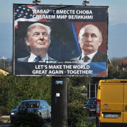 Russian billboard showing presidents Donald Trump and Vladimir Putin: "Let's Make the World Great Again - Together!"