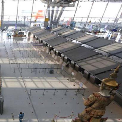 empty passenger lobby of Suvarnabhumi airport in Samut Prakan province, Thailand