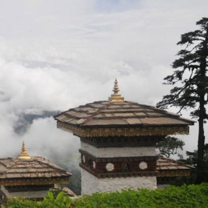 a cluster of Buddhist shrines high in the mountains of Bhutan. 