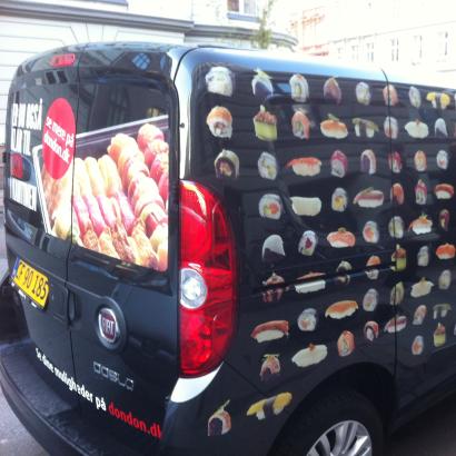 delivery van with sushi menu paint finishing. Dondon Sushi, Copenhagen, Denmark. 