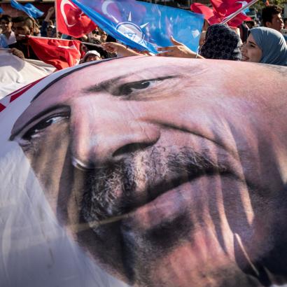 flag of Turkey's President Recep Tayyip Erdogan -- campaign rally in Istanbul, June 2018.