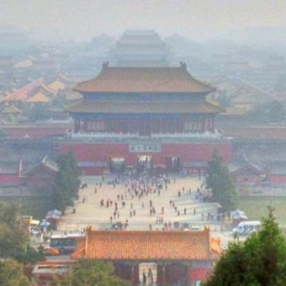 smog fills the skyline above the gates to the Forbidden City, Beijing