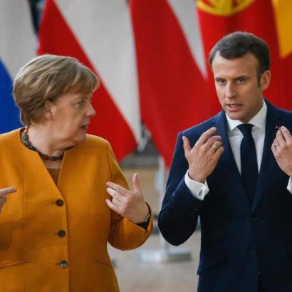German Chancellor Angela Merkel and French President Emmanuel Macron at an EU summit meeting in Brussels in March 2019