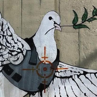 Bansky mural painting in Bethlehem -- Armored Dove of Peace