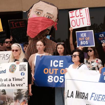 A coalition of farmworkers, advocates, industry growers, nonprofits and California’s ICE raid Rapid Response network spotlight the impacts of escalated workplace raids at a press conference in Santa Maria on Thursday, June 12. (Courtesy: Central Coast Alliance for a United Economy)