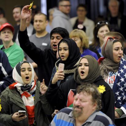 Young Muslims protest at Kansas Republican Caucus in Wichita, Kansas, on March 5, 2016. Photo by Dave Kaup/Reuters