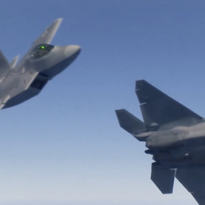 A frame from a fast-paced video compilation of Raytheon’s F-22 equipt Raptor, the central imagery on the home website for Raytheon Technologies Corporation