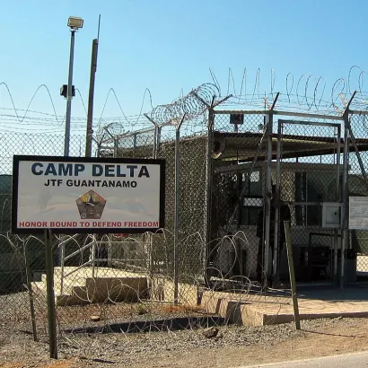 The entrance to a detention facility at Camp Delta, Guantánamo Bay, Cuba